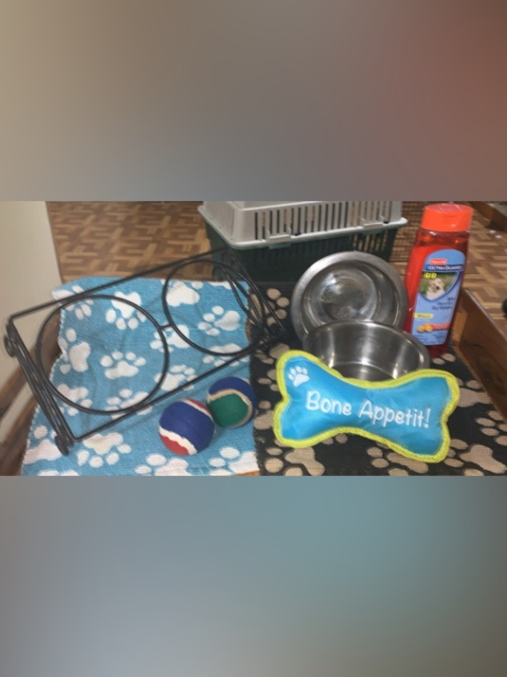 Elevated Wrought Iron Dog Feeder Frame, bowls, Food Mats, Toys & Dog Shampoo